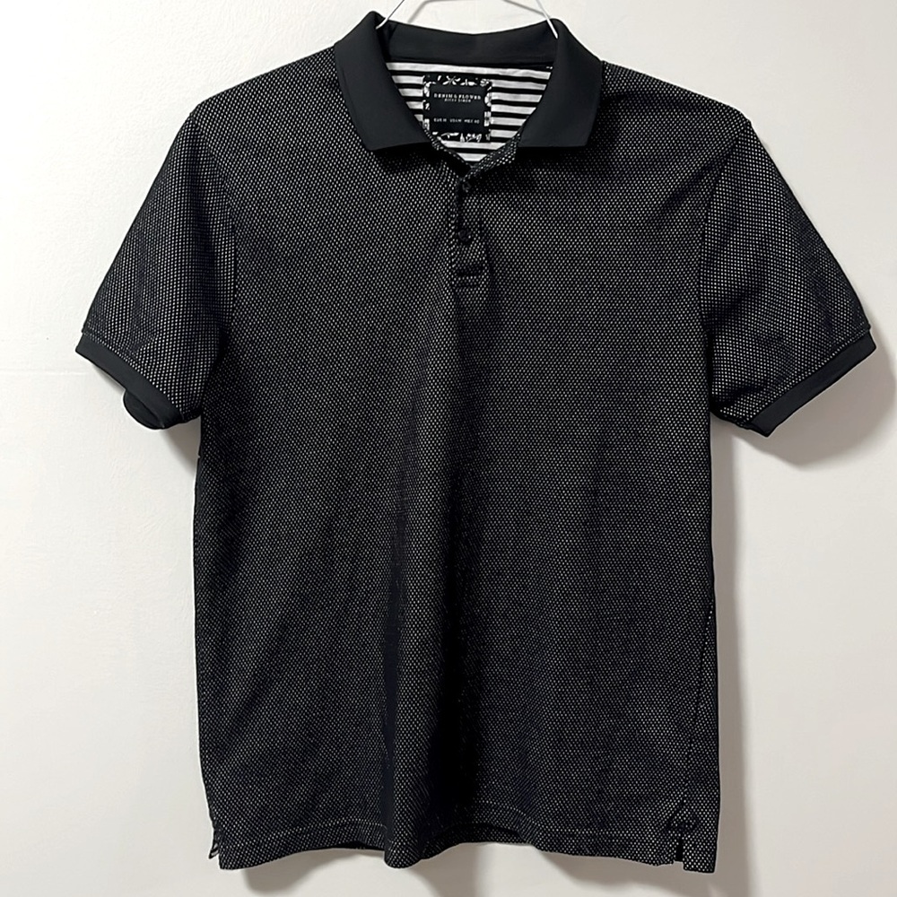 DENIM & FLOWER Ricky Singh Polo Shirt Black Micro White Dot Textured -M - Picture 8 of 10